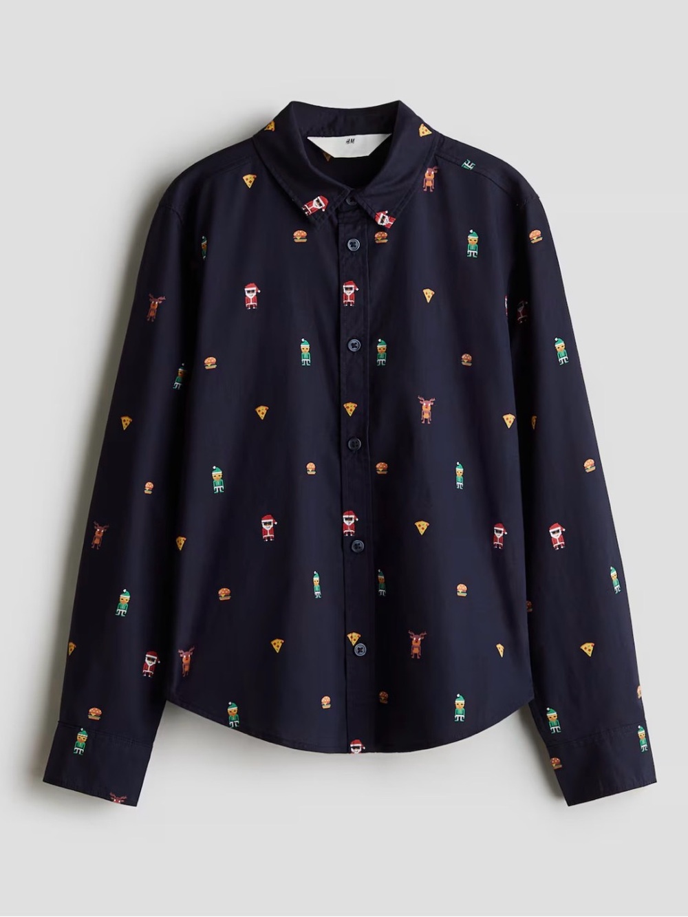 H&M Boys Button Up Holiday Shirt Navy Blue Santa Elves Hamburgers Size 12
